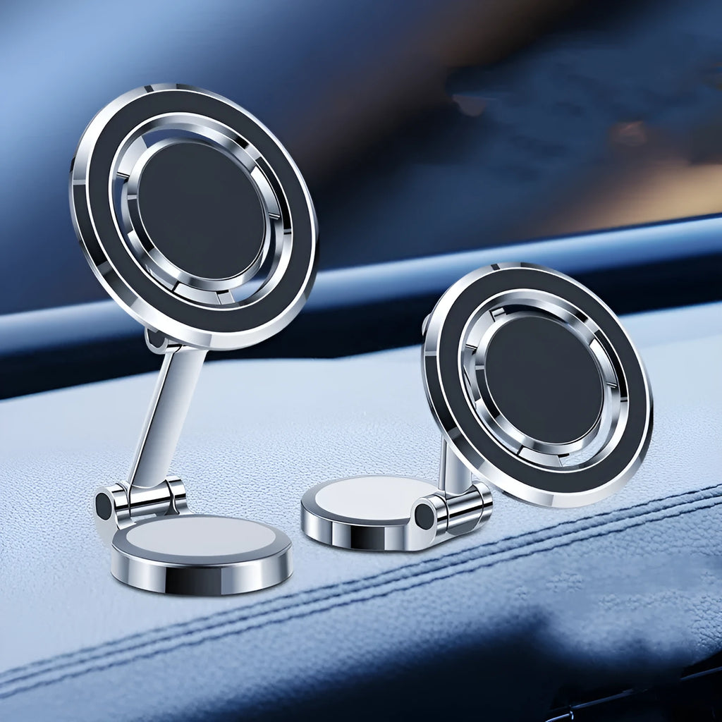 Car phone holder with flexible clip and 360-degree rotation on dashboard