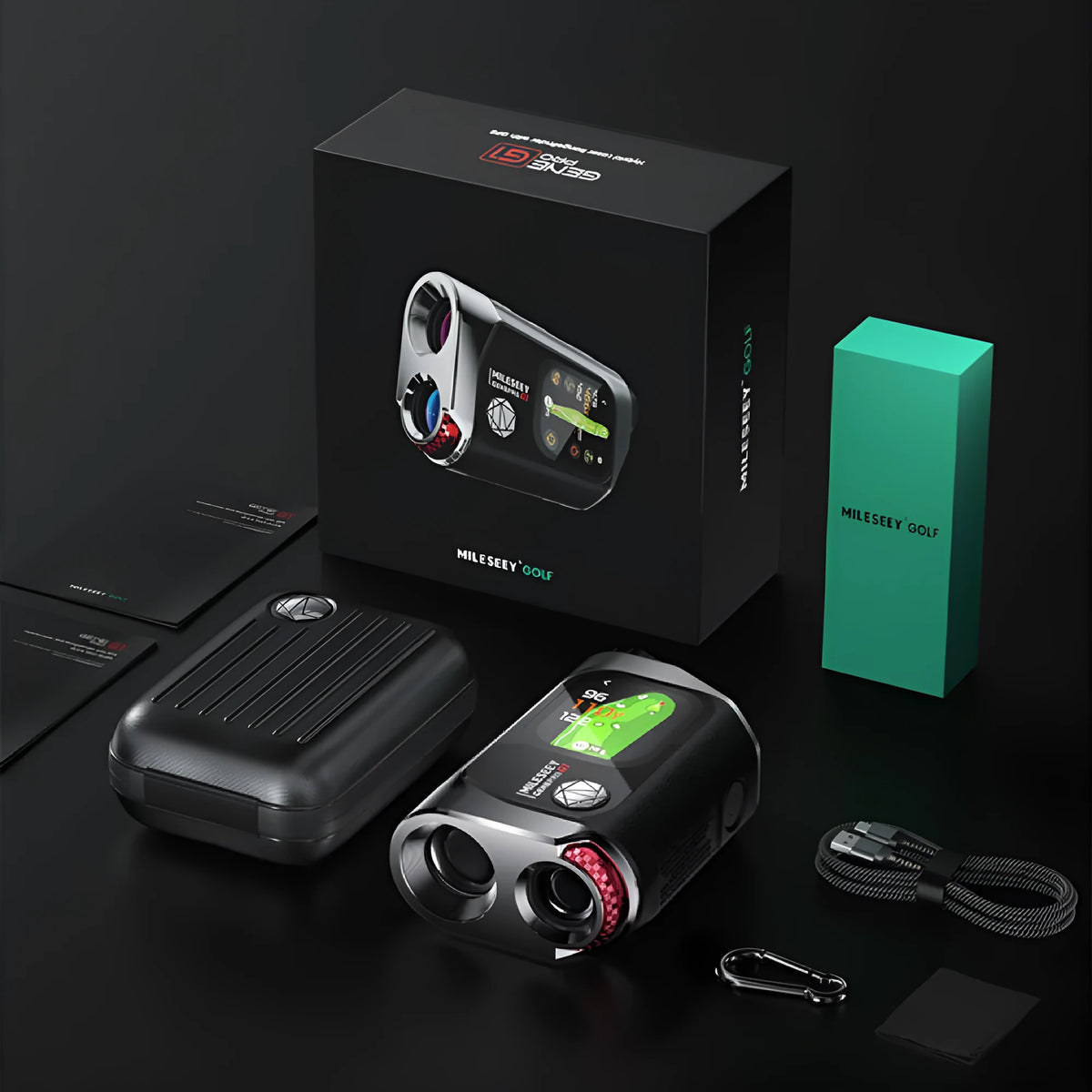 Black GPS laser rangefinder with AMOLED display showing distance measurement and mapping interface