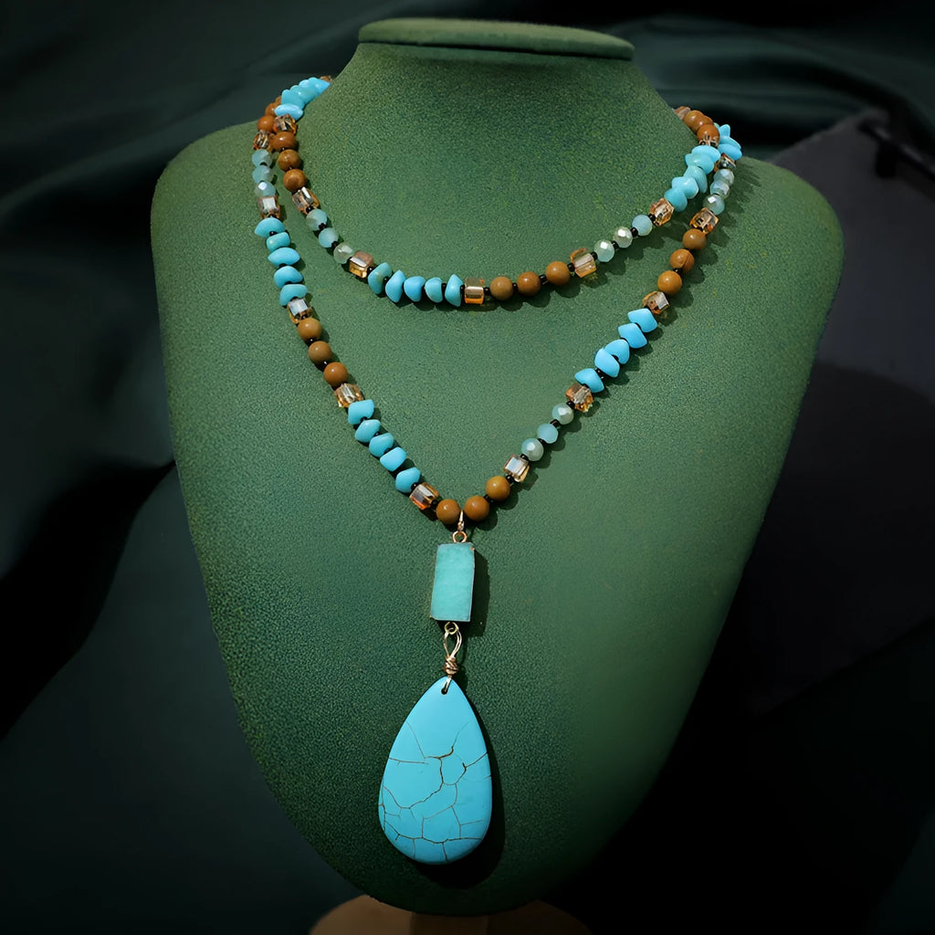 Blue turquoise water drop pendant necklace with ball bead chain over 81cm length