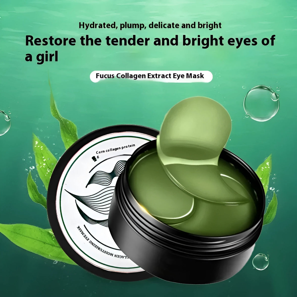 Pack of 60 green seaweed collagen eye mask sheets for moisturising the under-eye area.