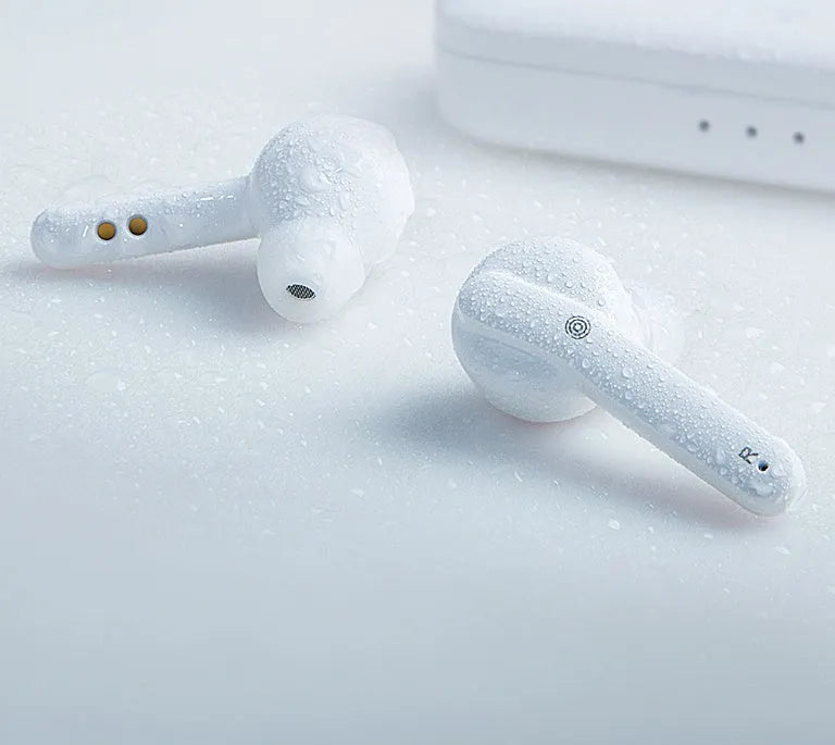 Black and white TWS wireless earbuds with Bluetooth 5.0 connectivity