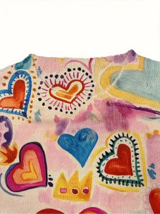 Loose fit digital printed top with lapel collar, shown in a graphic design, available in sizes S to 5XL.