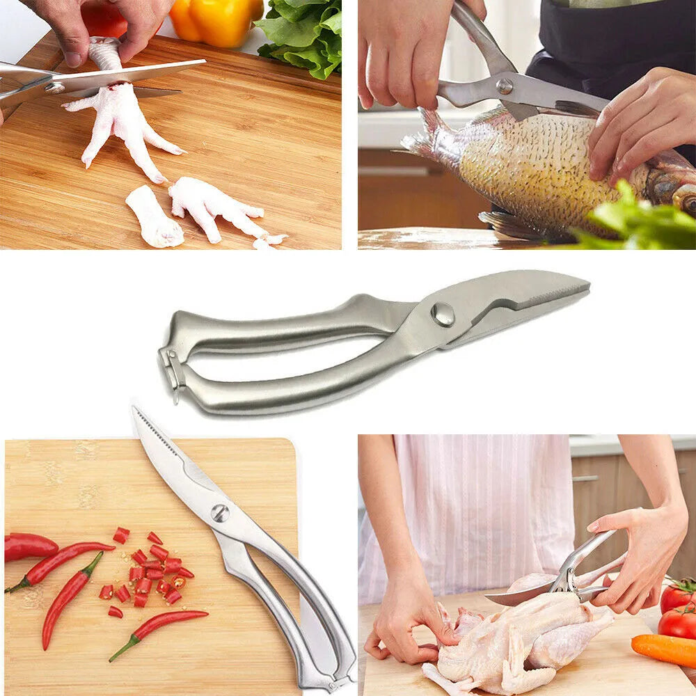 Silver whole stainless steel kitchen shears, 25cm x 4.5cm with 9cm blade, serrated edge and locking handle.