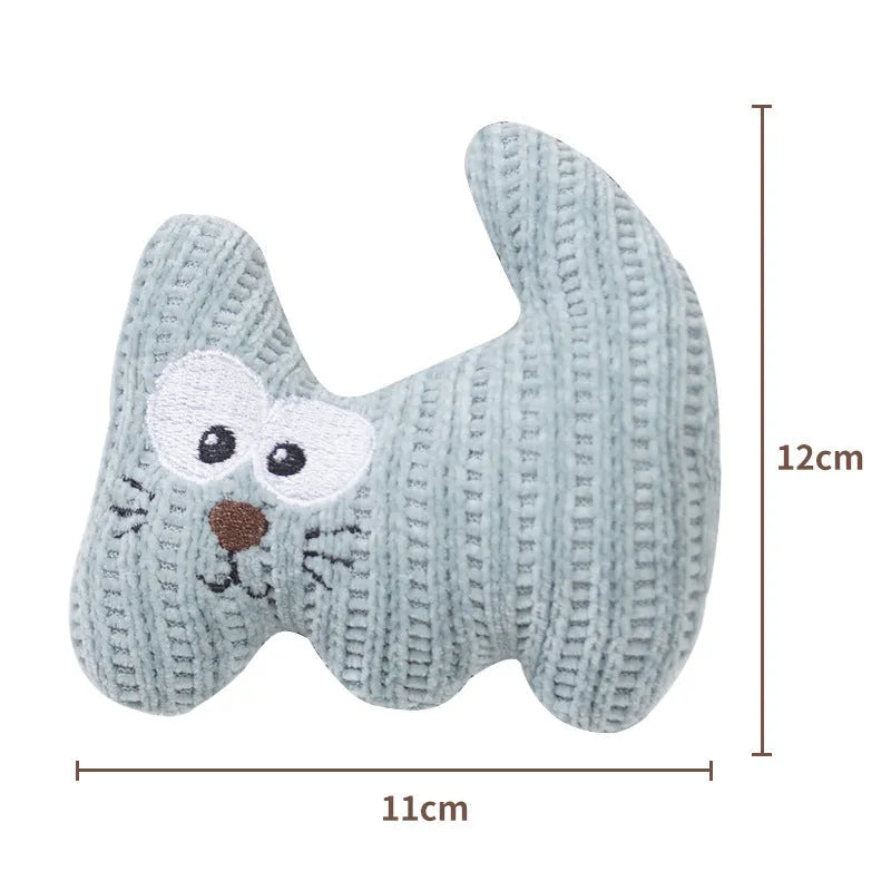 Cyan plush cat toy with a rope tail and bell, shown next to a light coffee coloured version.