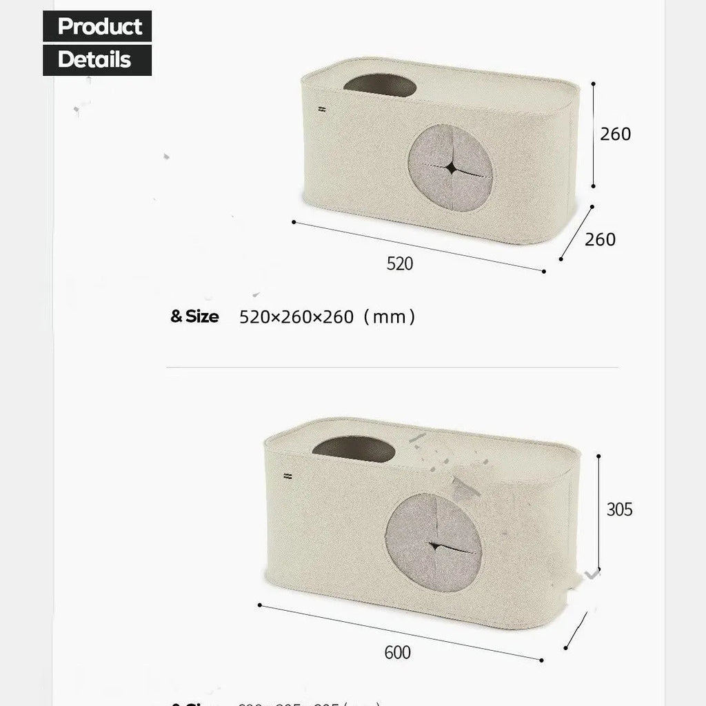 Grey foldable felt cat nest bed shown next to a khaki one, demonstrating its soft structure.