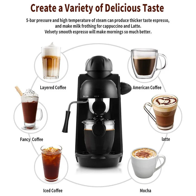 Black home mini espresso machine, semi-automatic steam type, 5-cup capacity, EU model, 730-800W