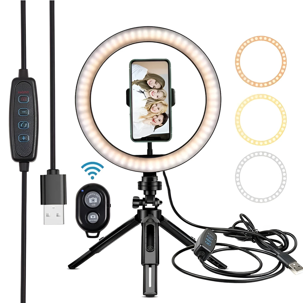 10-inch ring macro flash live fill light with two-section telescopic lamp for mobile phone, plug-in 5000K, 500-1000mm range