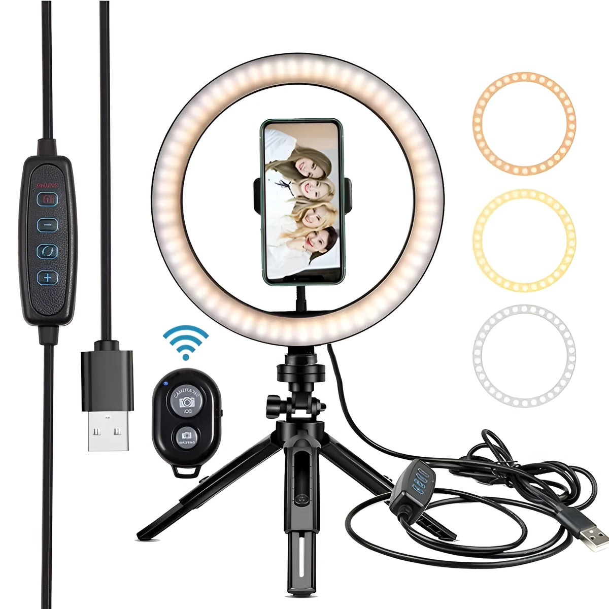 10-inch ring macro flash live fill light with two-section telescopic lamp for mobile phone, plug-in 5000K, 500-1000mm range