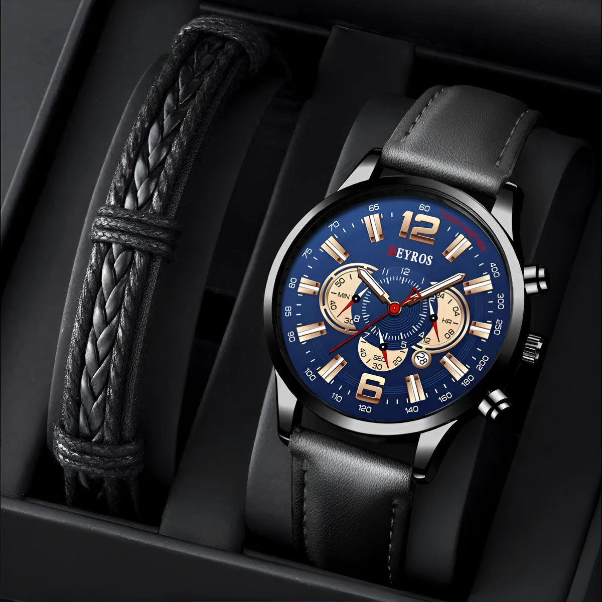 Fake three eye luminous sports watch with black ribbon strap and blue dial, 9mm thick, for men