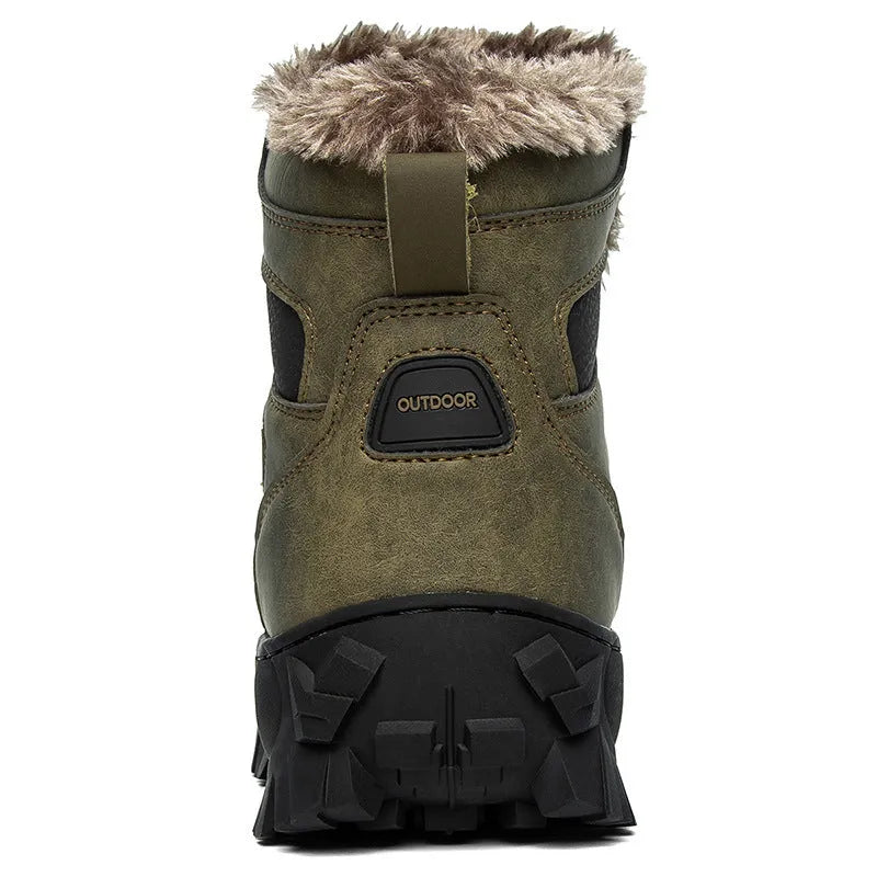 Men's plus size high top outdoor cotton shoes in black, cold-resistant cowhide upper, rubber sole, sizes 40-48