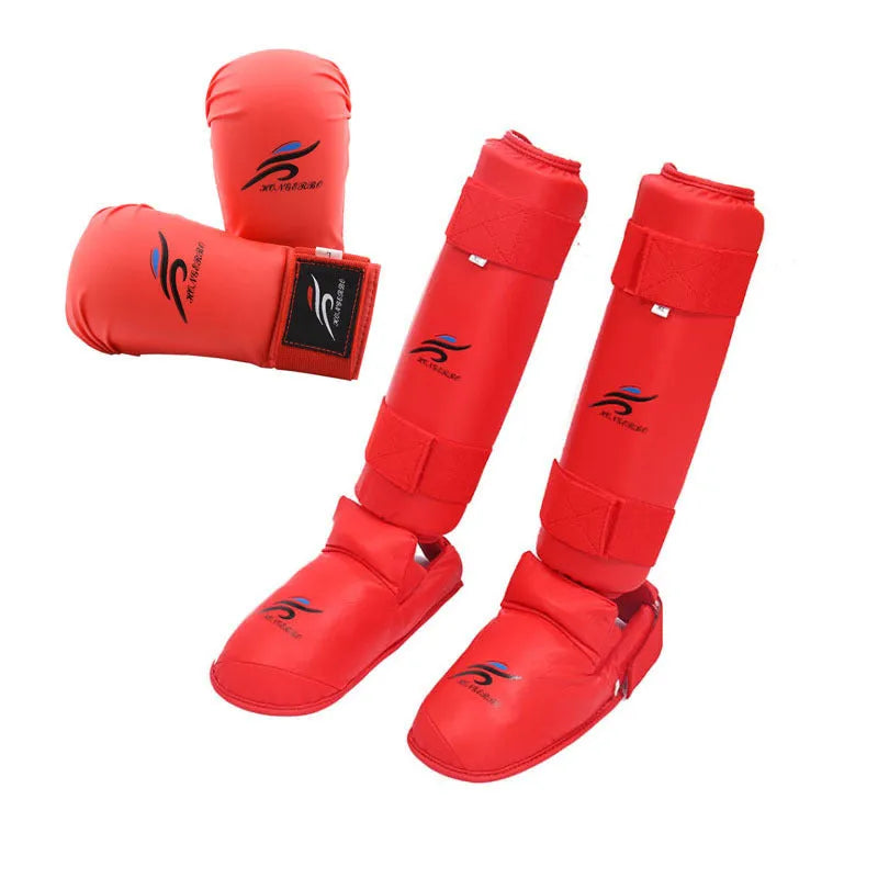 Red and blue karate protective gear set with leg guards, helmet and boxing gloves