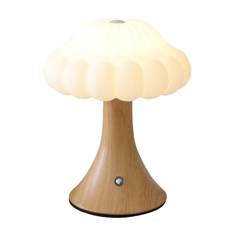 Mushroom touch lamp with USB cable in wood grain, white, cream, grey, or black for cafe decoration