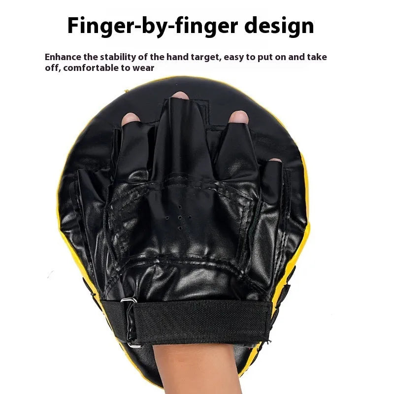 PU leather boxing punch mitts for martial arts training in red, black, blue, and yellow colour options.