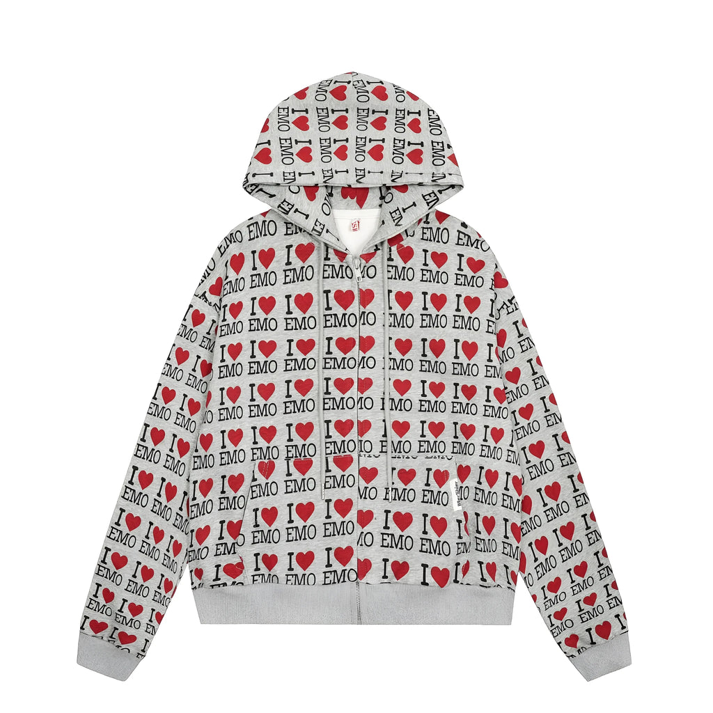 Women's melange grey cotton hooded cardigan with a retro pattern, shown on a model.