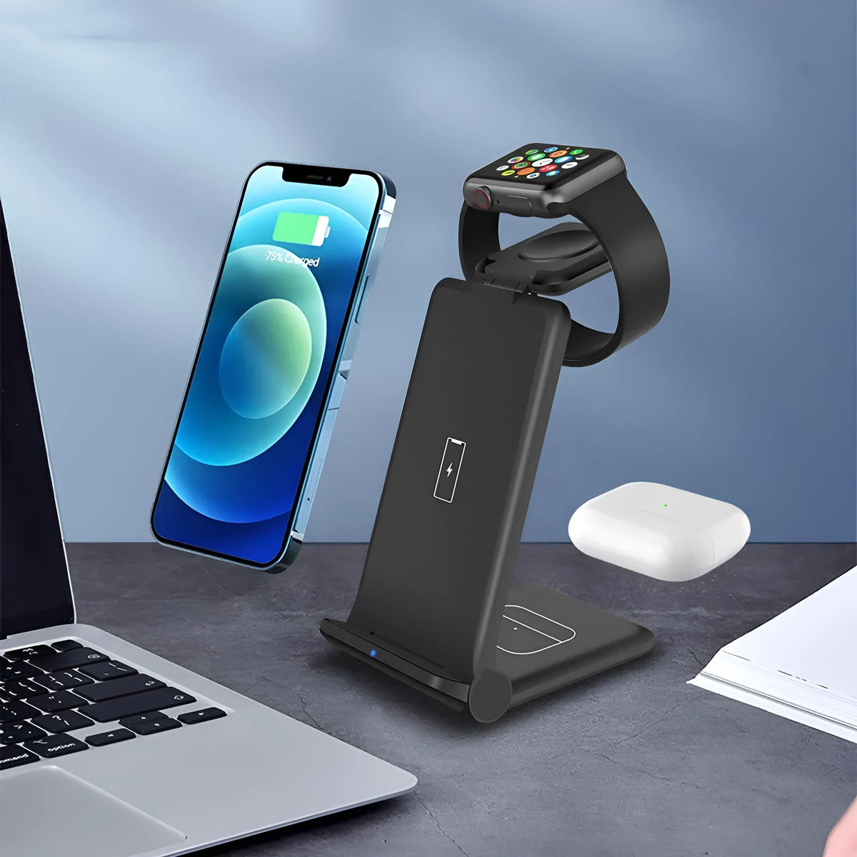 Black and white 3-in-1 foldable wireless charging station for phone, Apple Watch and AirPods.