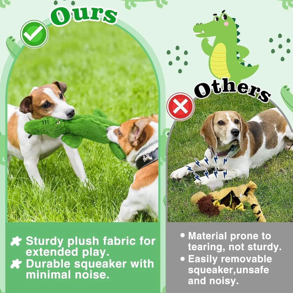 Green plush crocodile dog toy with no stuffing, featuring squeaker in head and crinkle paper in tail