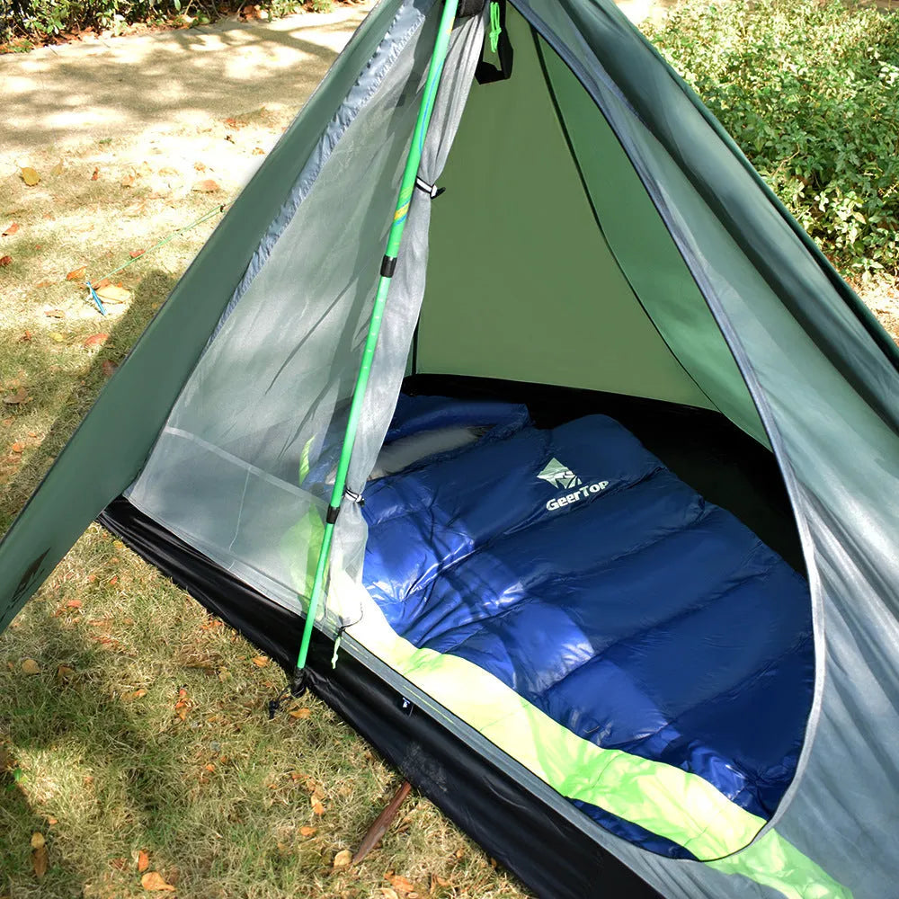Single poleless tent full set in green with aluminium alloy bars, one bedroom and one hall, 0.95kg, waterproof 1500mm-2000mm