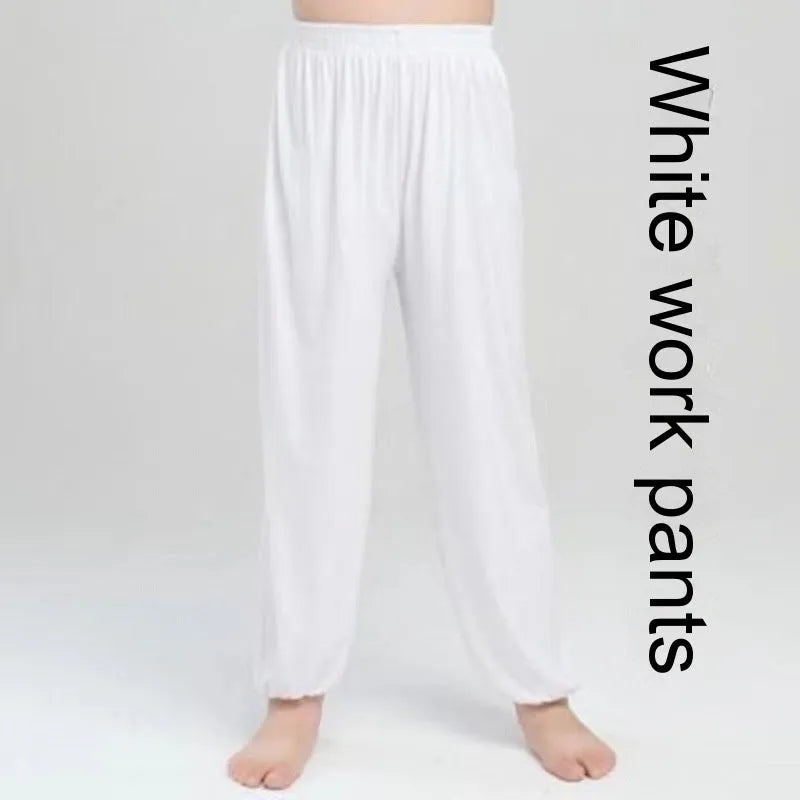 Children's high elasticity martial arts practice trousers in black, shown in a front view.
