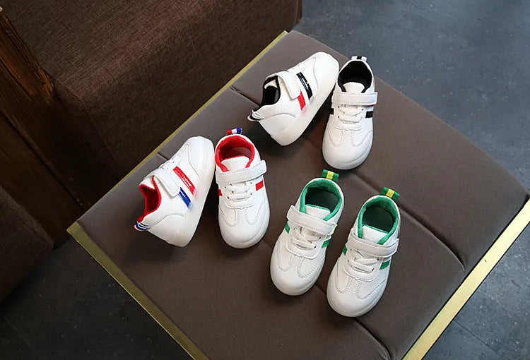 Kimmy White LED Sneakers in red, green, or black with Velcro strap and rubber sole, sizes 21-30