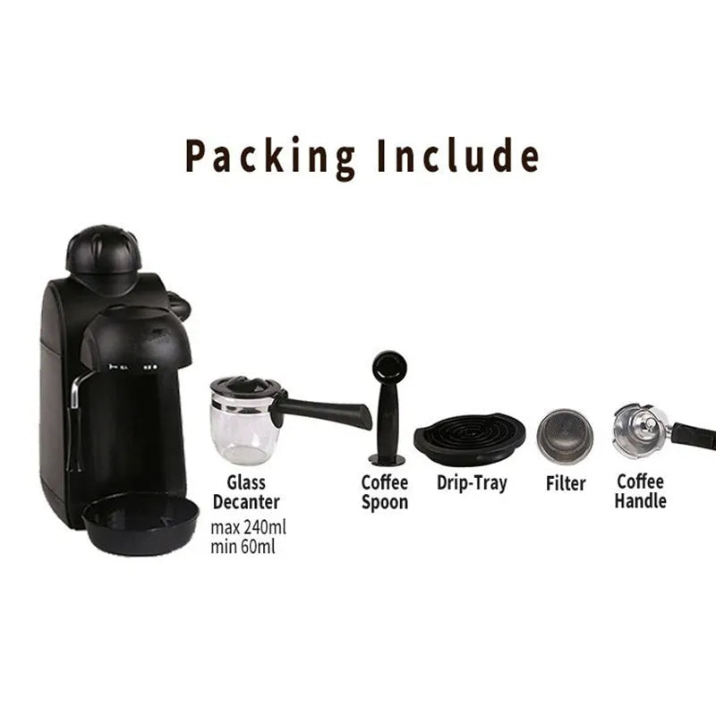 Black home mini espresso machine, semi-automatic steam type, 5-cup capacity, EU model, 730-800W