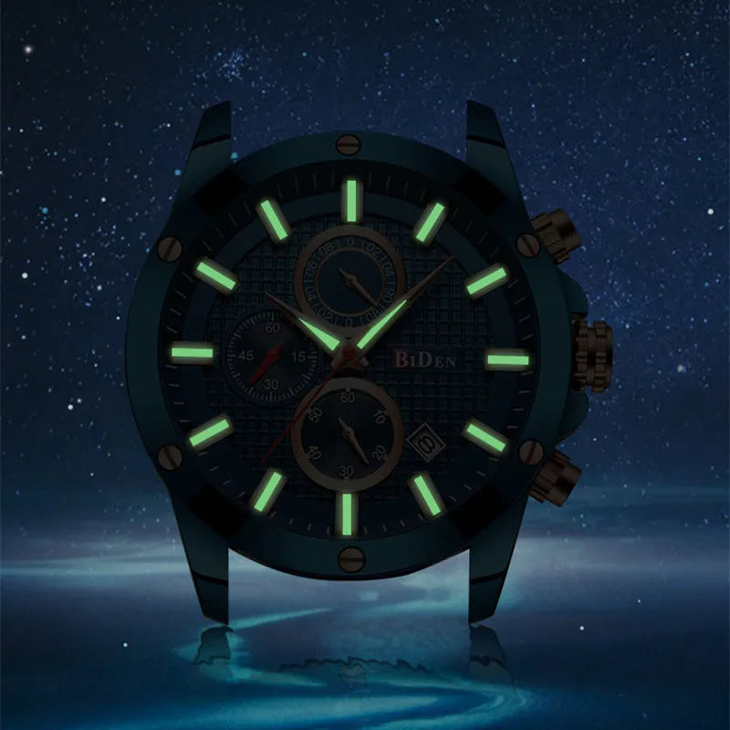 Men's quartz watch with 40mm round dial, silicone band, alloy case, and 30M waterproof rating.
