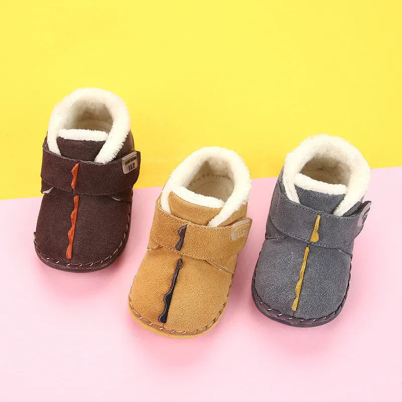 Children's winter cotton shoes with fleece lining and Velcro, in dark brown, grey, and camel.