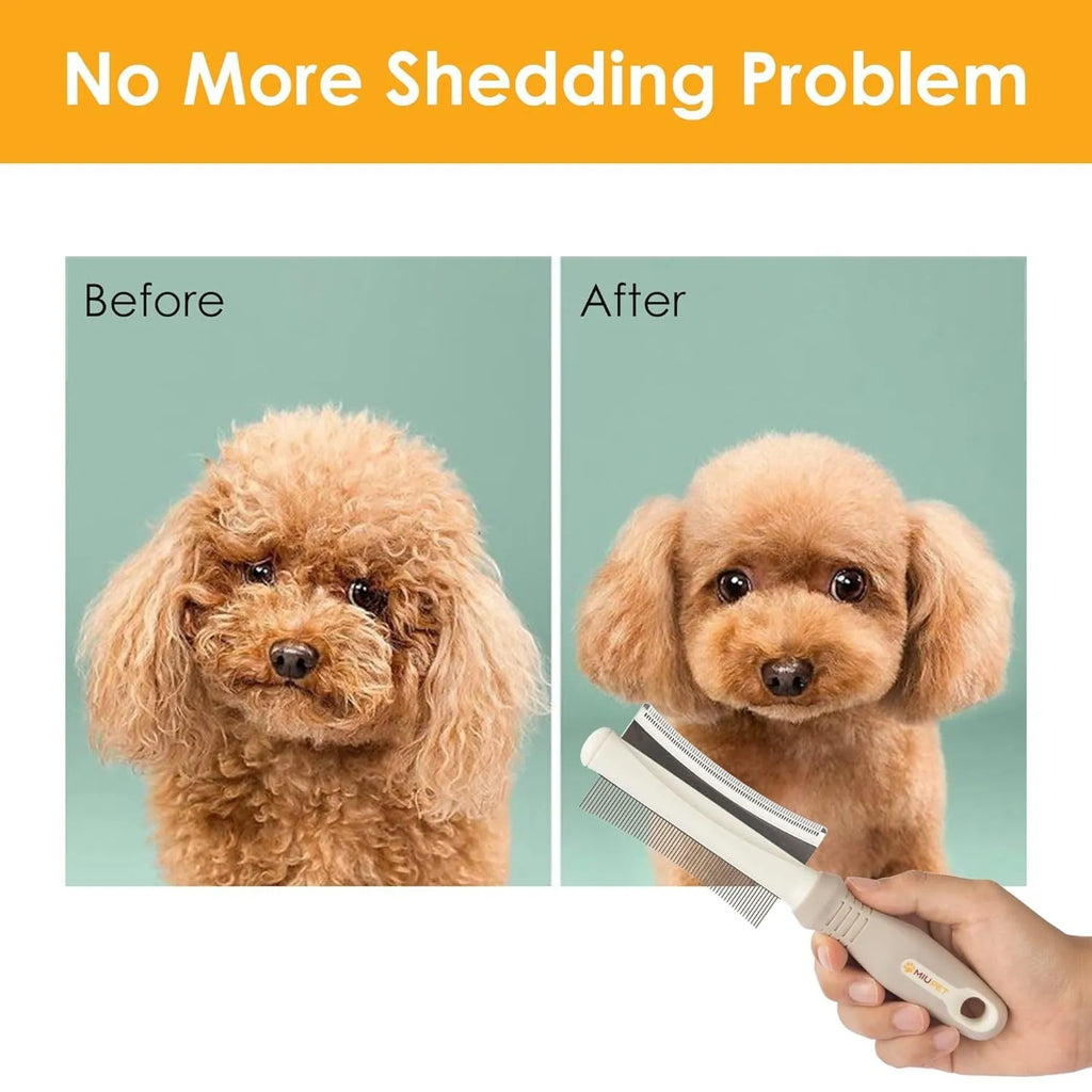 White 2 in 1 dog and cat deshedding brush with double-sided head and ergonomic handle.