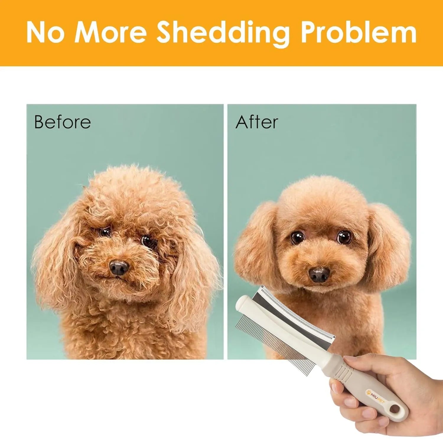 White 2 in 1 dog and cat deshedding brush with double-sided head and ergonomic handle.