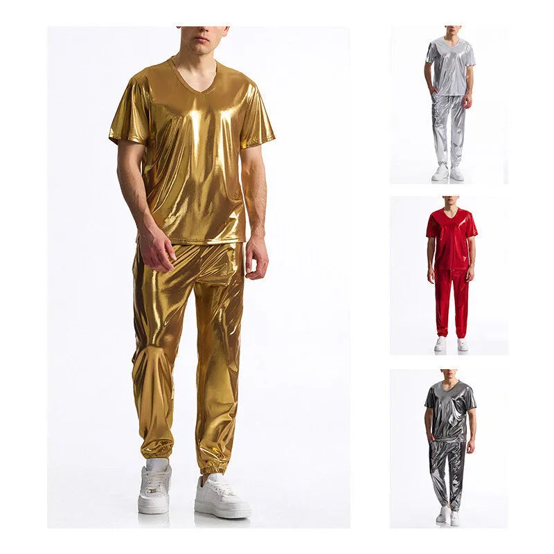 Men's bronzing disco suit set with short sleeve top and shorts in dark grey, silver, red or yellow, sizes S to 2XL