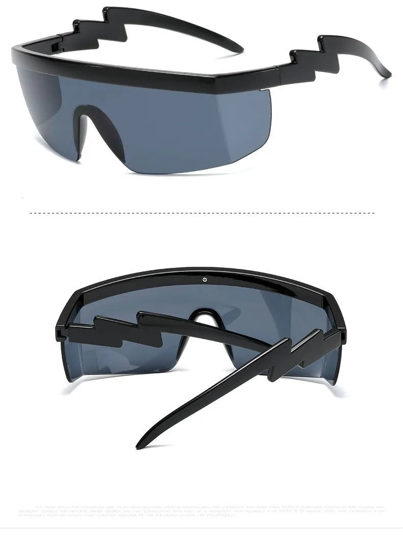 One-piece sports sunglasses with lightning leg side arms in black frame with blue PC lens