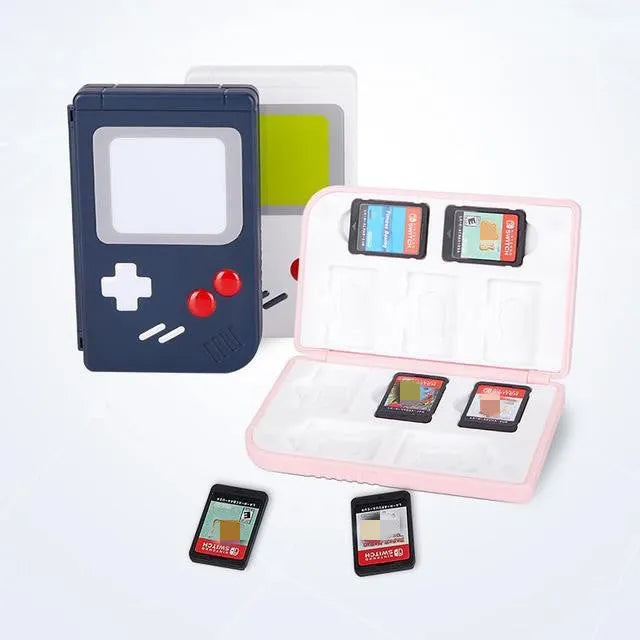 Hard plastic Nintendo Switch game card storage box in blue colour, shown next to game cartridges.