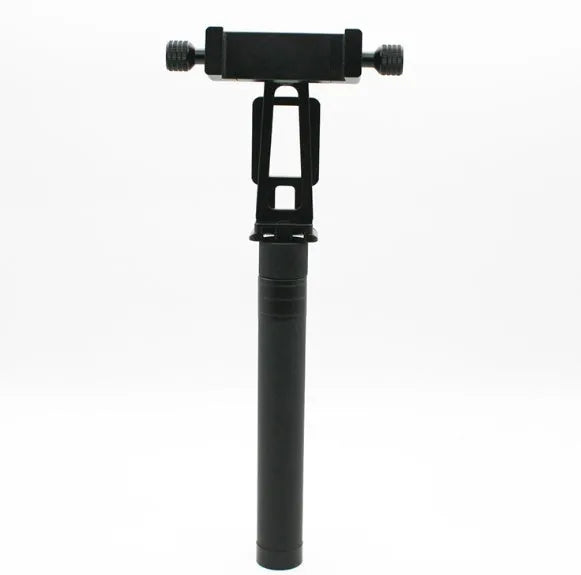 Black retractable aluminium selfie stick extended to full length showing tripod mount.