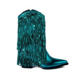 Women's chunky heel tassel boots with pointed toe and 8cm stiletto heel in PU material