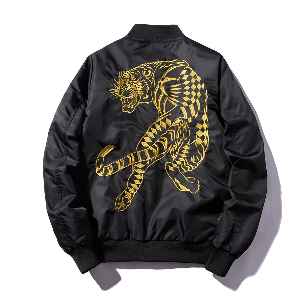 Men's black gold embroidered baseball jacket with stand-up collar, zip front, and loose fit, sizes S to 3XL.