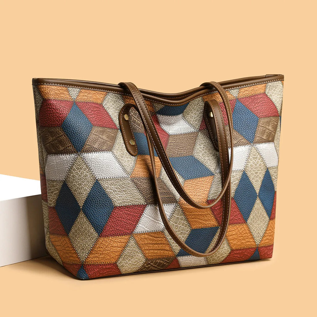 Women's large capacity PVC shoulder handbag in blue brown colour for business and travel