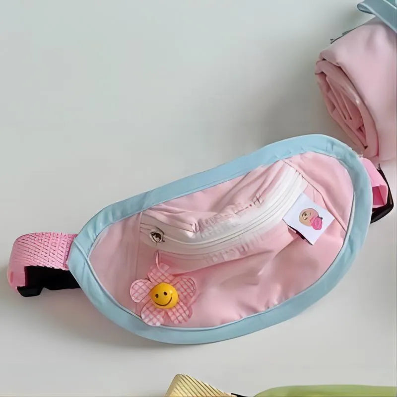 Powder blue, yellow and green backpack-style pet poop bag holder with adjustable shoulder strap