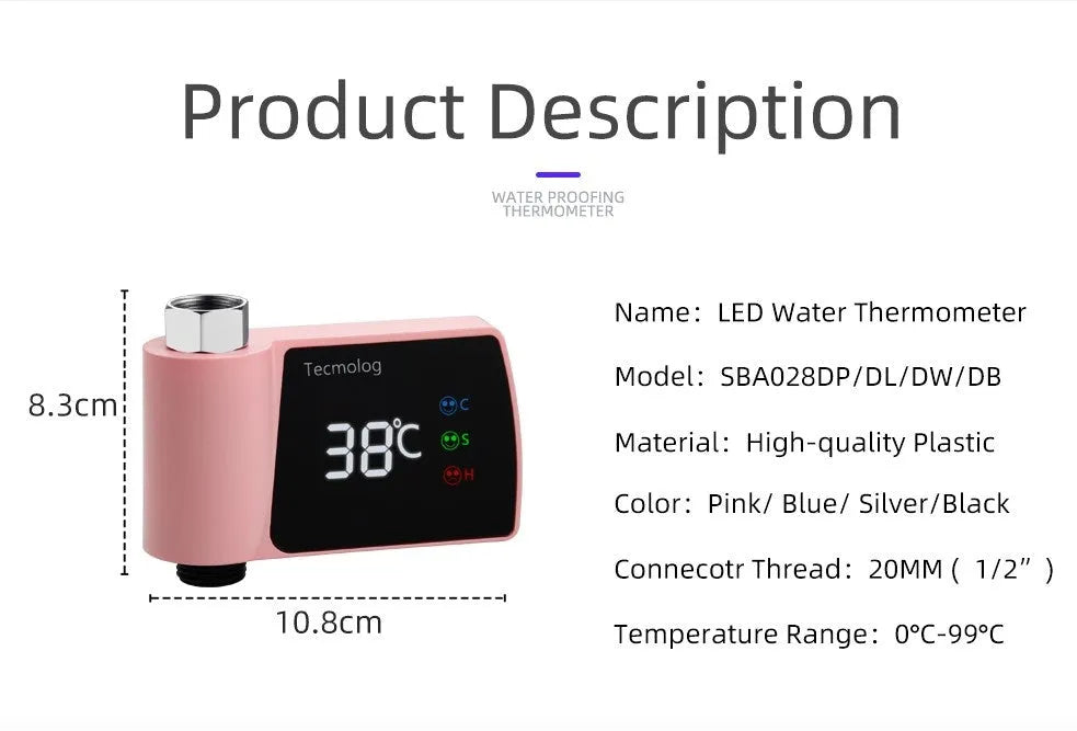 Plastic visual shower faucet water thermometer in black, blue, pink, or silver, 16cm x 11.5cm x 5cm