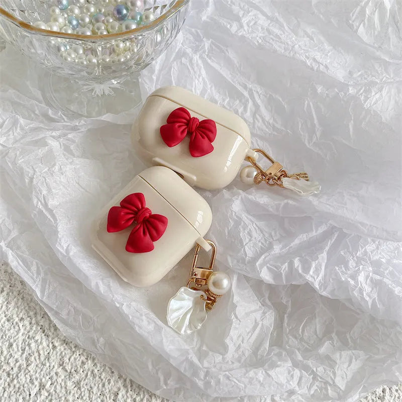 Beige red bow shell silicone protective case for AirPods Pro wireless earphones