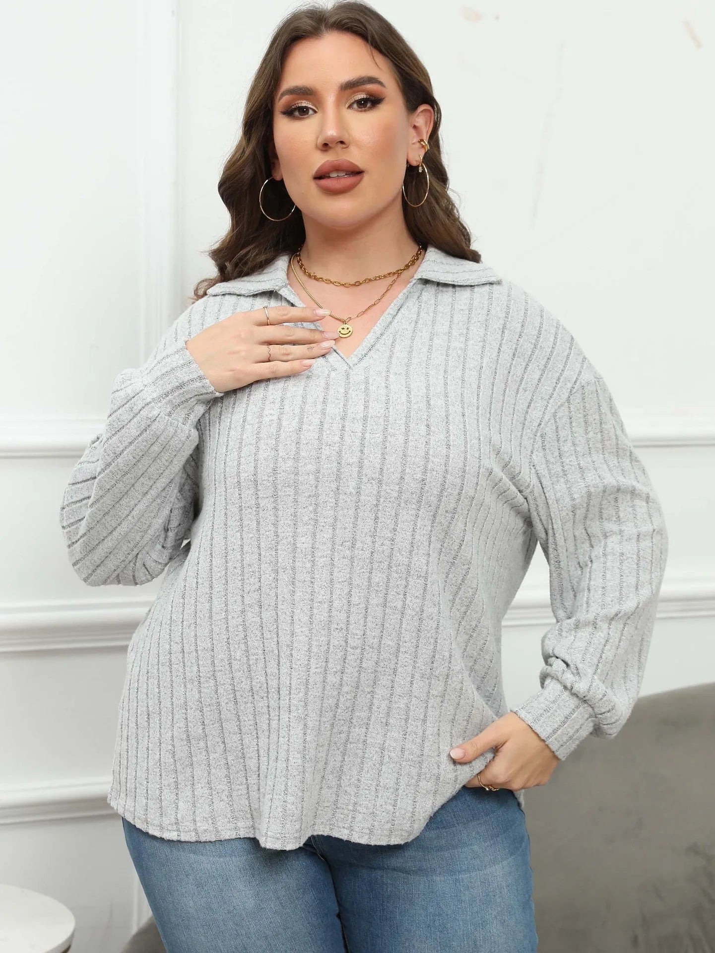 Women's plus size grey polo collar fleece pullover with lantern sleeves, Gothic street fashion style
