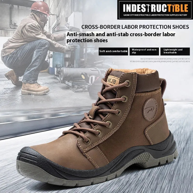 Men's orange lightweight safety work shoes with leather upper and rubber sole for anti-smash protection.