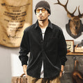 Men's retro corduroy shirt jacket in red or black with loose fit and long sleeves