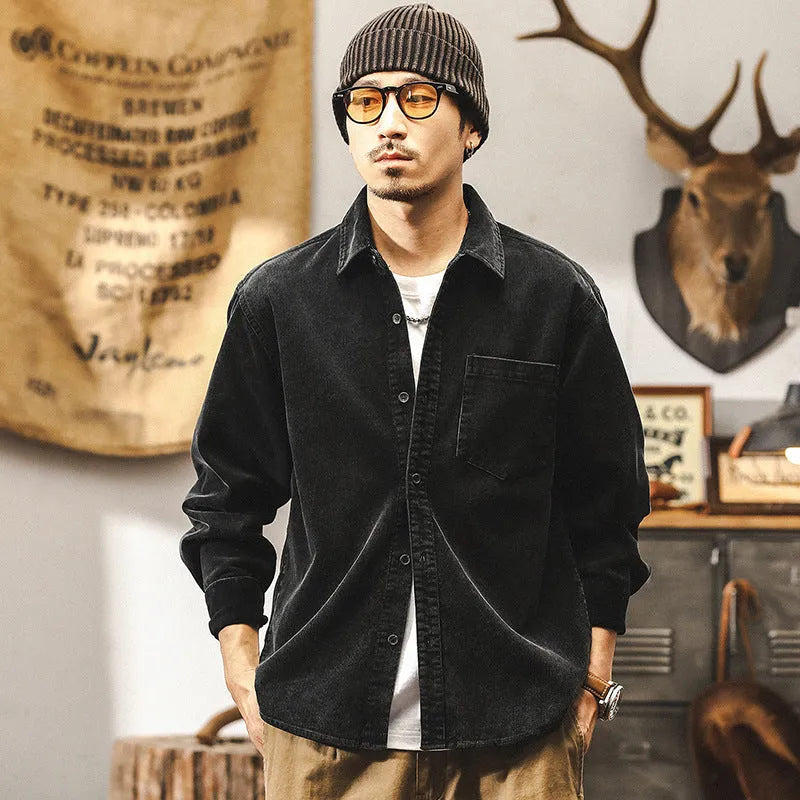 Men's retro corduroy shirt jacket in red or black with loose fit and long sleeves