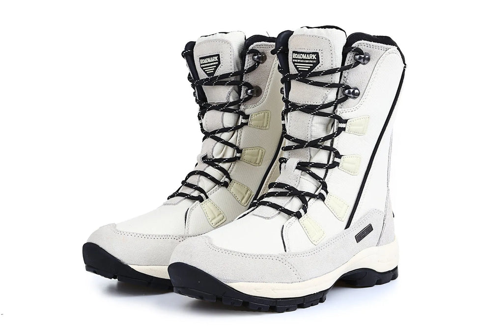 Women's black mid-calf leather snow boot with a textured non-slip rubber sole.