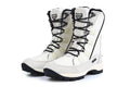 Women's black mid-calf leather snow boot with a textured non-slip rubber sole.
