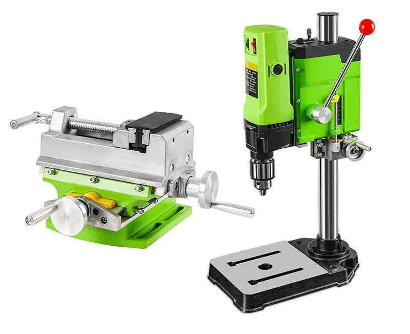 Bench drilling and milling machine with cross bench pliers and heavy duty bench pliers on a workshop table
