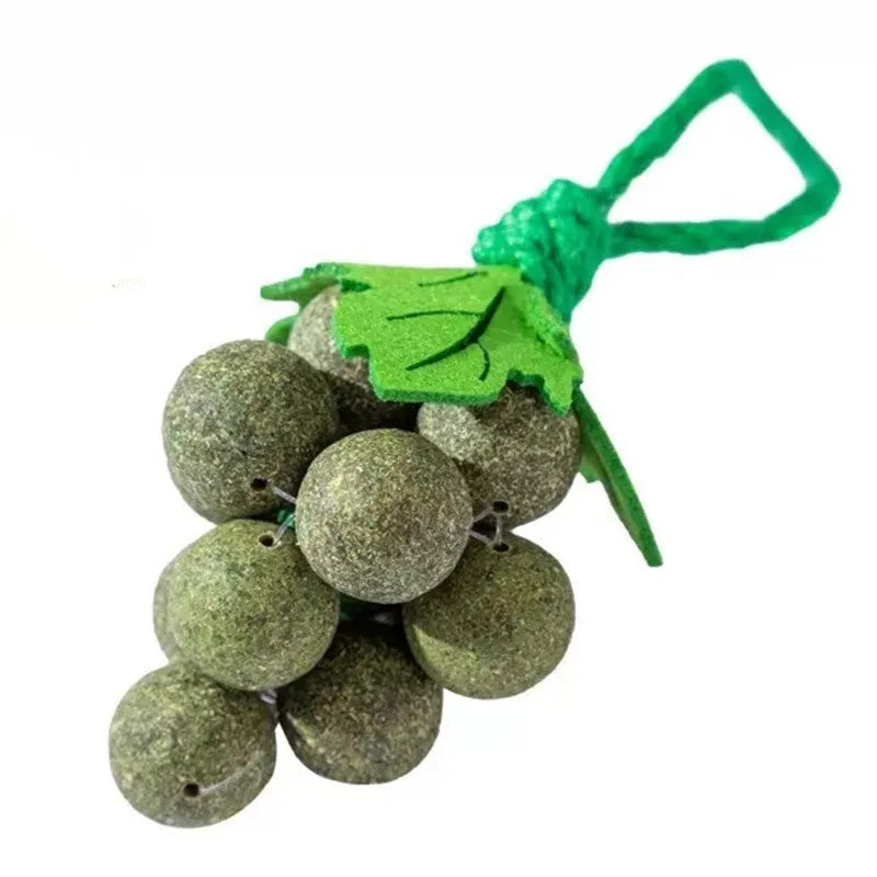 Cotton thread grape cluster cat teaser molar toy in mint, insect gall fruit, or mixed flavour