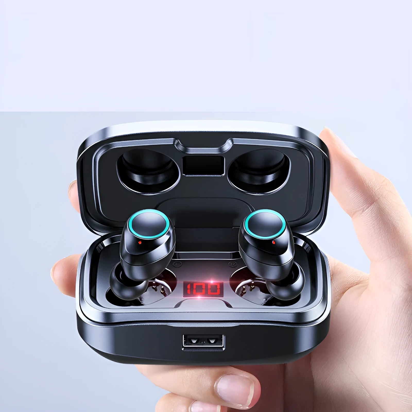 Black wireless Bluetooth in-ear earphones with private-mould eartips on a white background.
