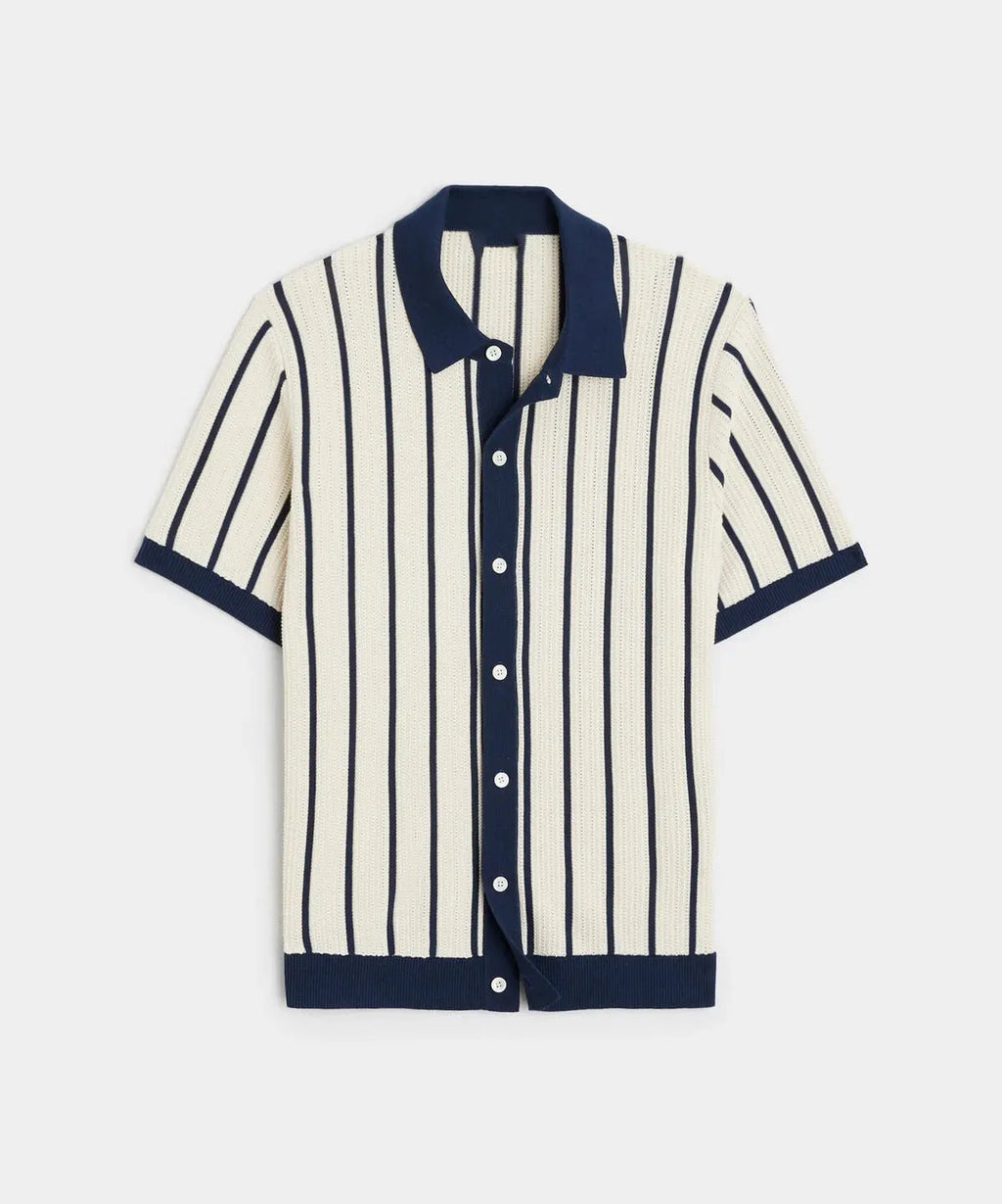 Men's white asymmetric knitted top with short sleeves and lapel neckline in British style