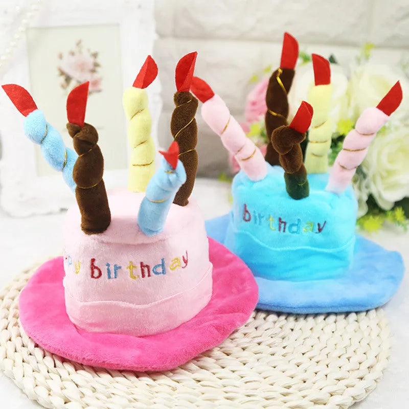 Cute pink and blue birthday hats for small dogs, shown with size scale.