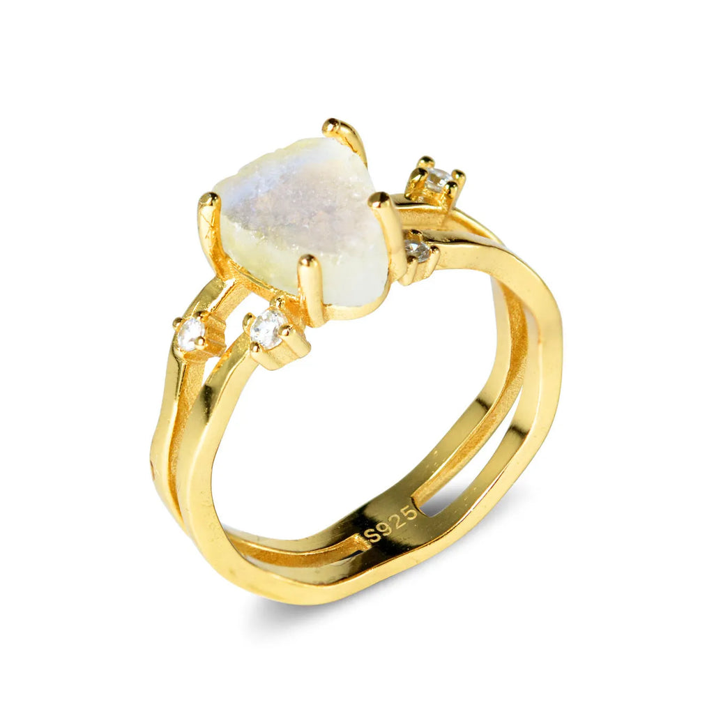 S925 sterling silver geometric ring with irregular triangle shape and moonstone detail in gold tone finish
